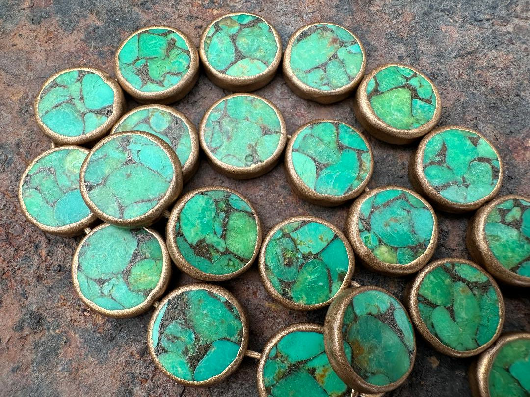 11 mm Gold Rimmed Green Turquoise Bead