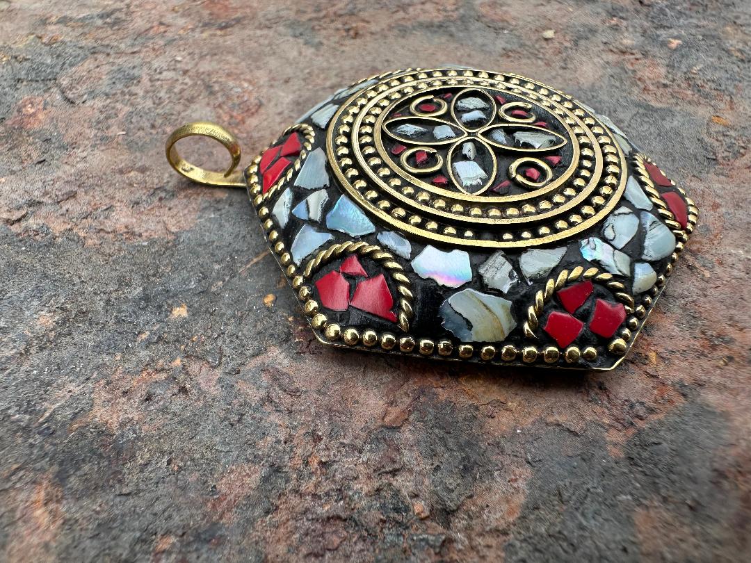58 MM MOP & CORAL TIBETAN PENDANT