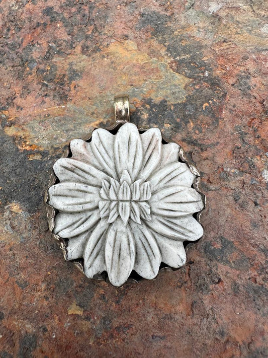 56 mm Carved Bone Lotus Tibetan Pendant