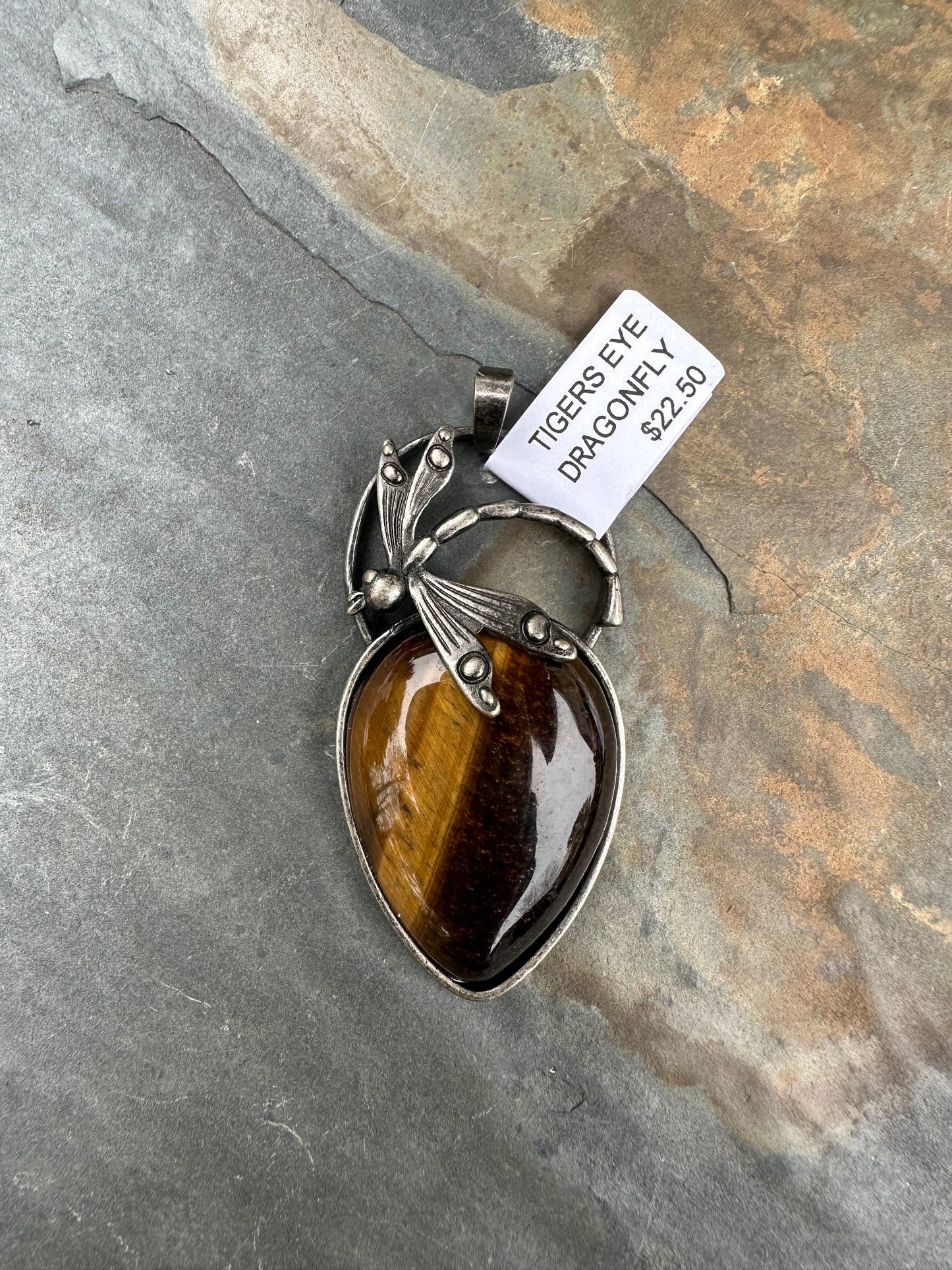 Natural Stone Pendant Antique Silver Dragonfly