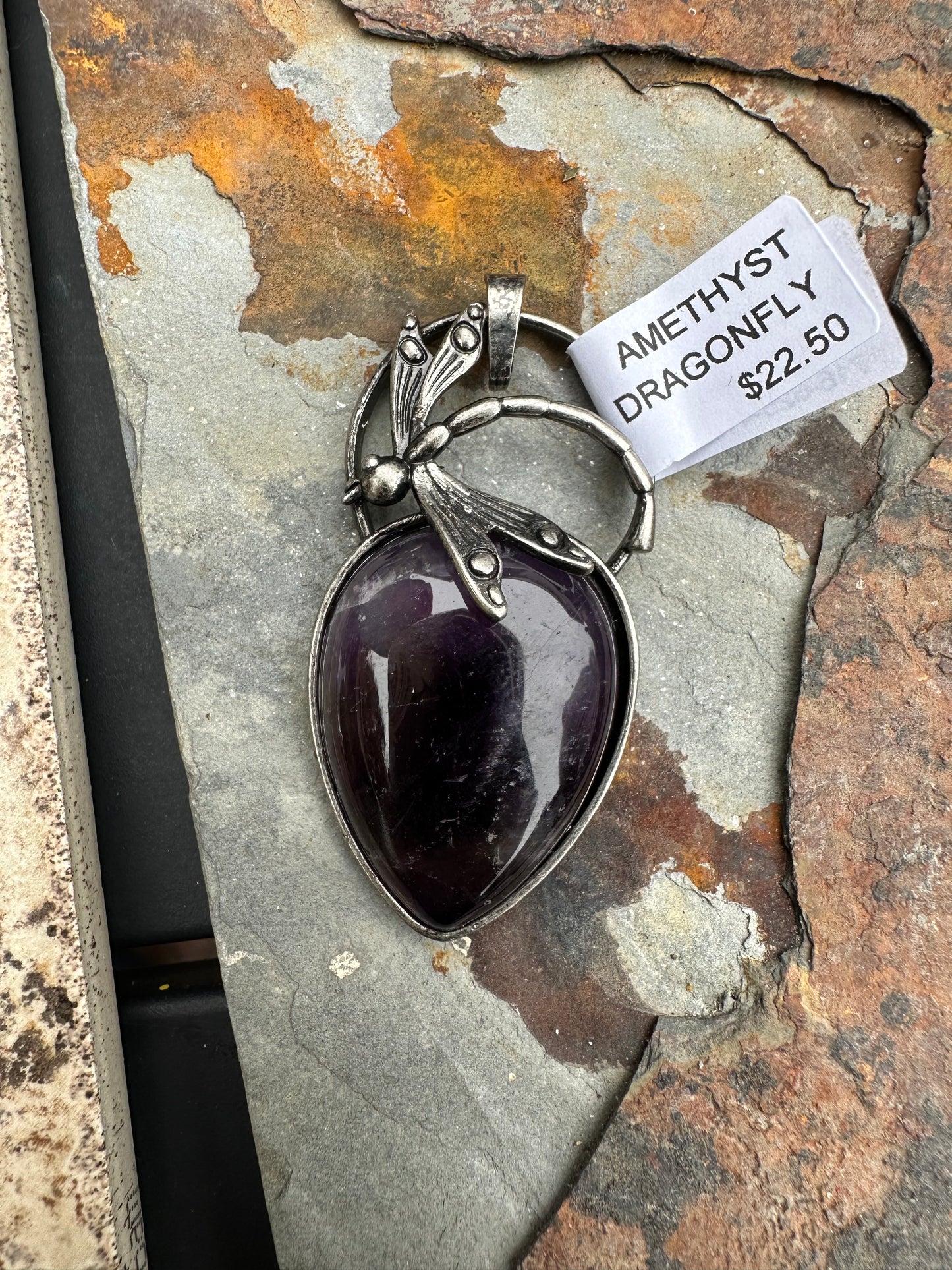 Natural Stone Pendant Antique Silver Dragonfly