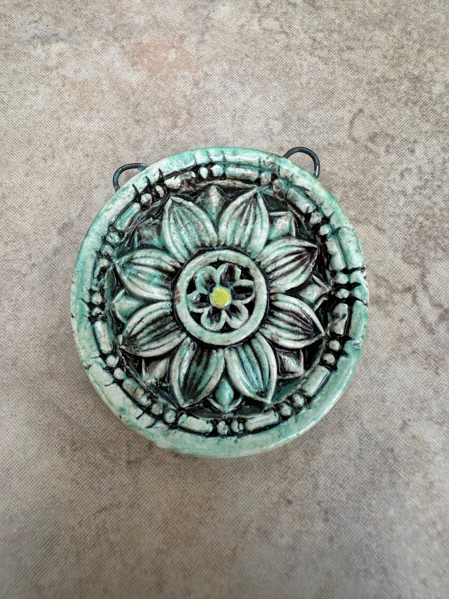 Flower Mandala Ceramic Artisan Pendant - Teal/ Yellow/ Brown