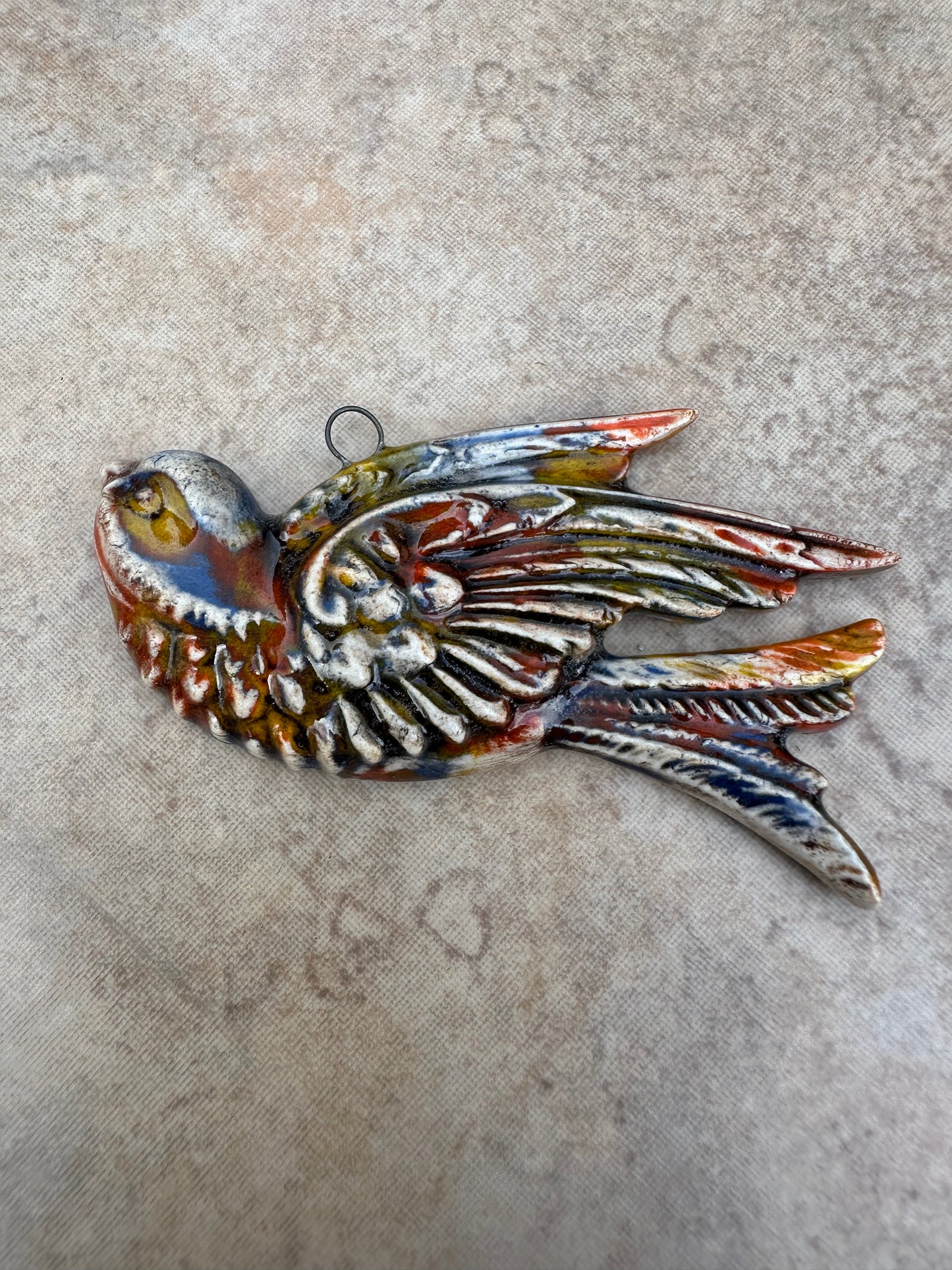 Large Ceramic Artisan Bird Pendant - Red/Orange/Blue/Yellow