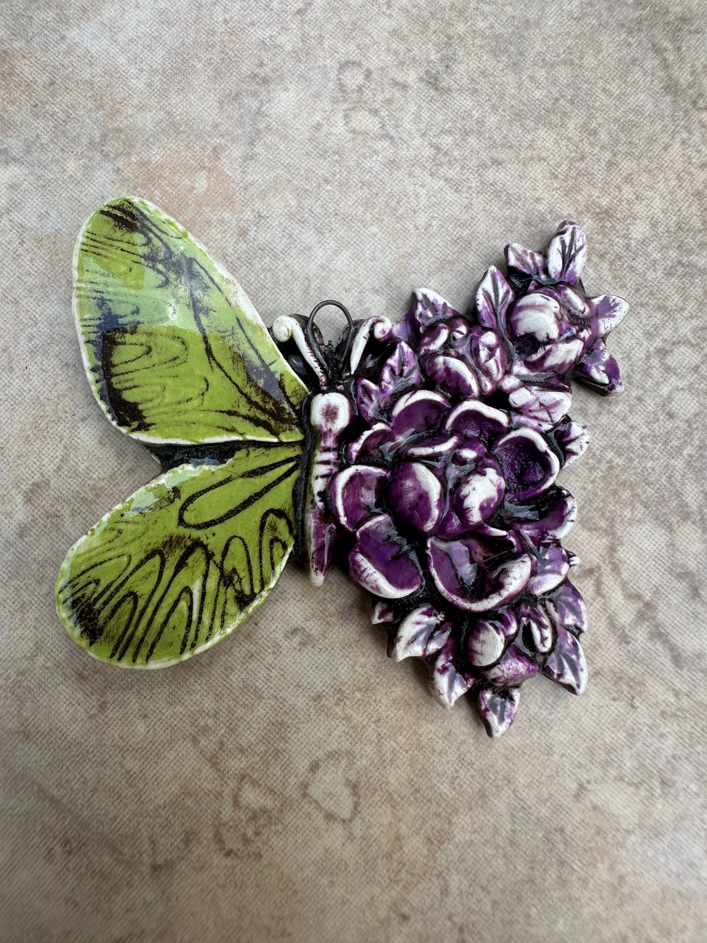 Green Butterfly with Purple Flowers Ceramic Artisan Pendant