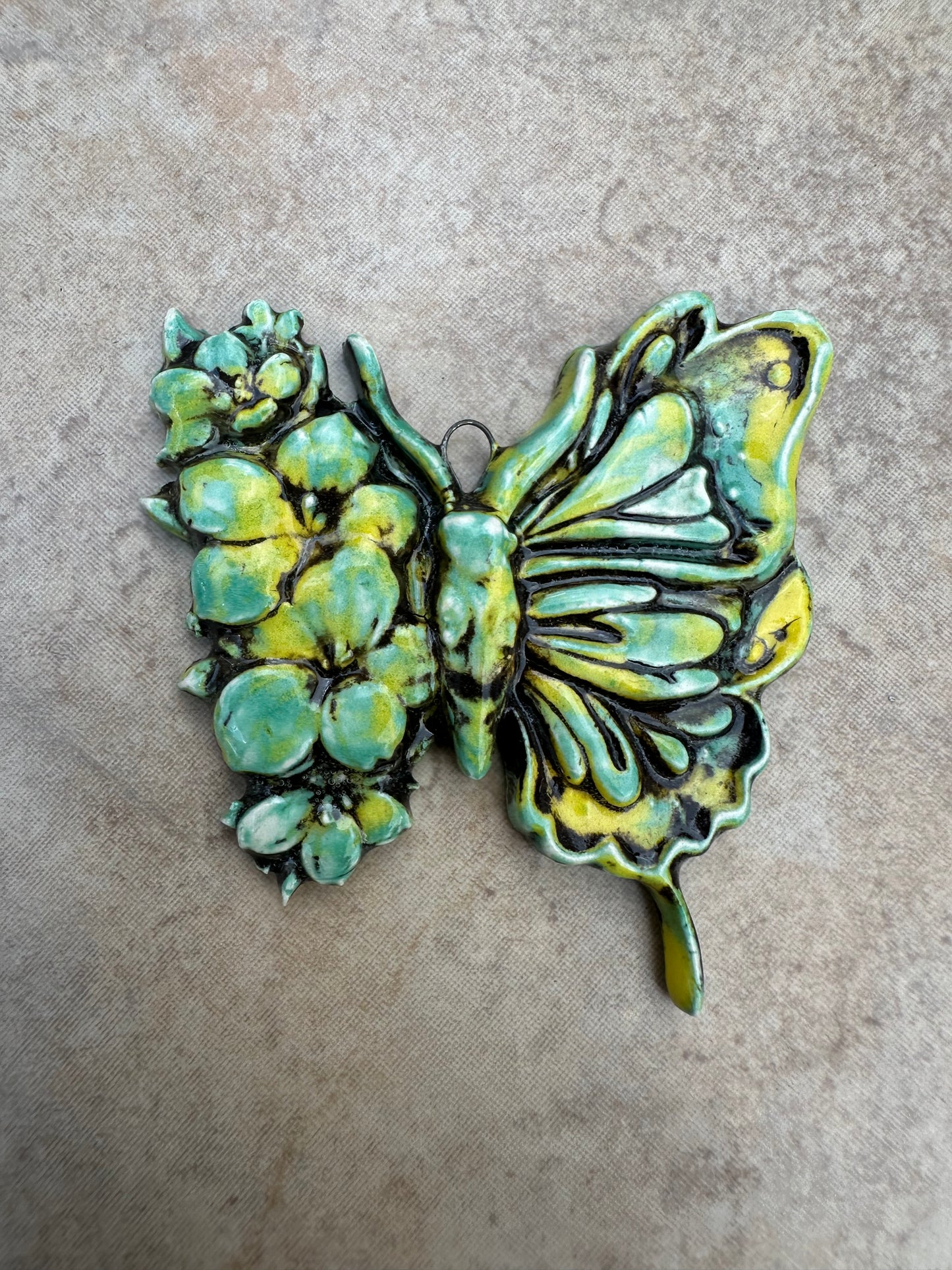 Green/ Yellow Flower Butterfly Ceramic Artisan Pendant