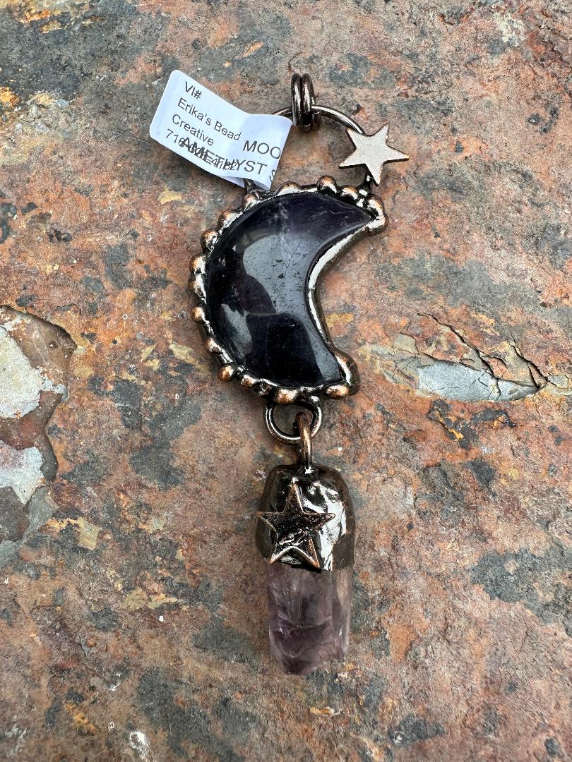 Natural Stone Moon Pendant w/ Stars