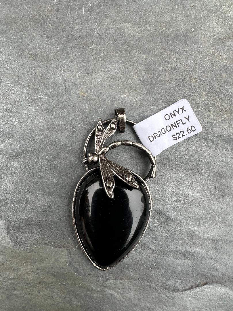 Natural Stone Pendant Antique Silver Dragonfly
