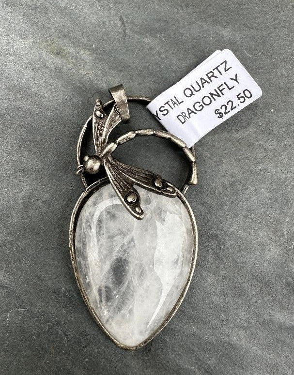 Natural Stone Pendant Antique Silver Dragonfly