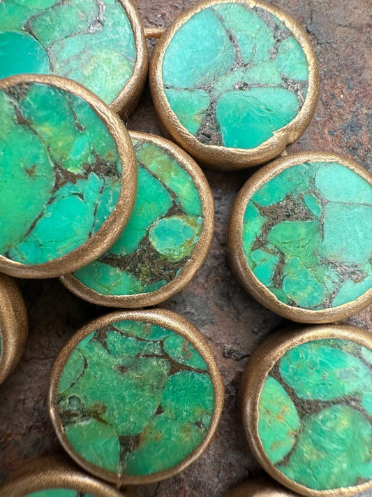 11 mm Gold Rimmed Green Turquoise Bead