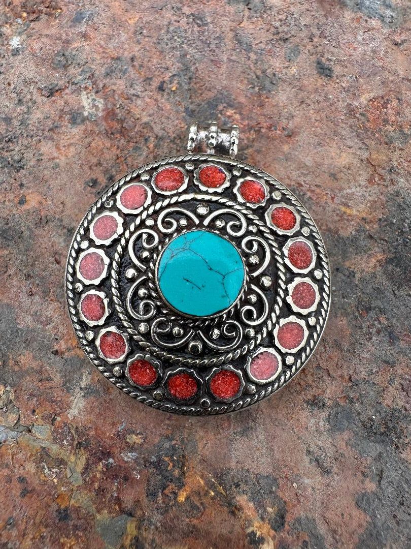 51 mm Coral & Turquoise Tibetan Pendant