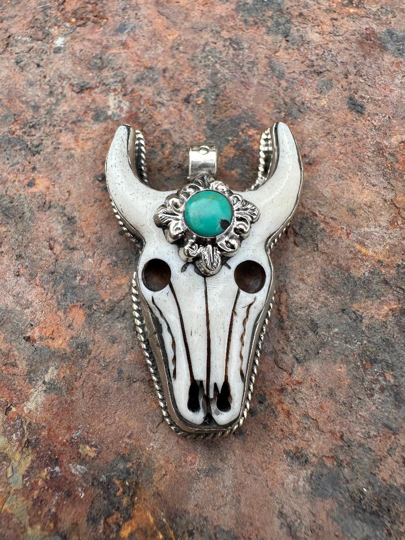 50X32 mm Carved Bone w/ Turquoise Tibetan Pendant