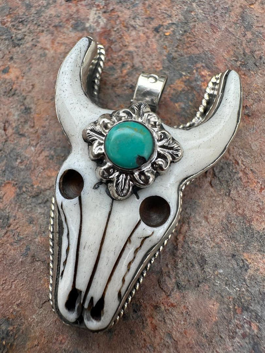 50X32 mm Carved Bone w/ Turquoise Tibetan Pendant