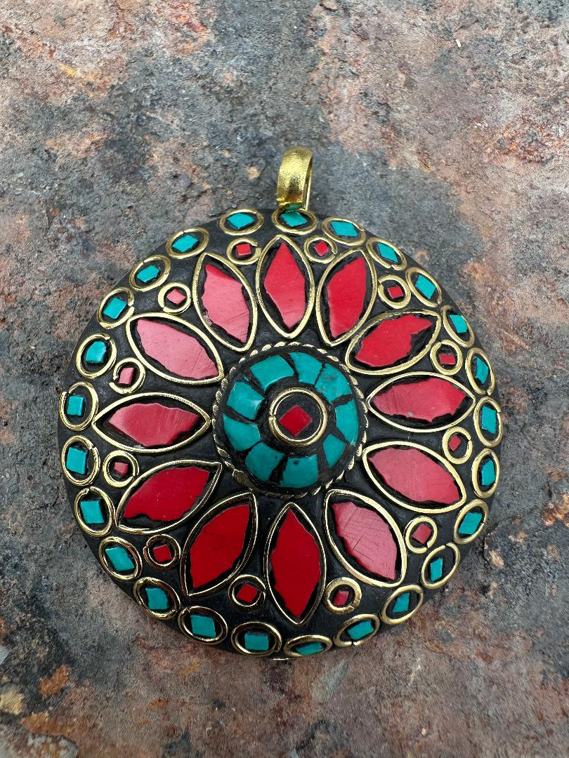 48 mm Flower Tibetan Pendant w/ Coral & Turquoise