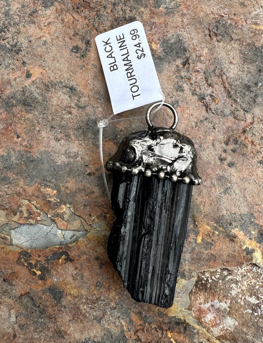 Black Tourmaline Antique Silver Pendant