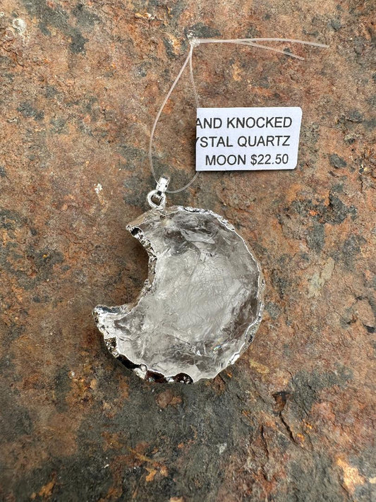 Hand Knocked Crystal Quartz Moon Pendant