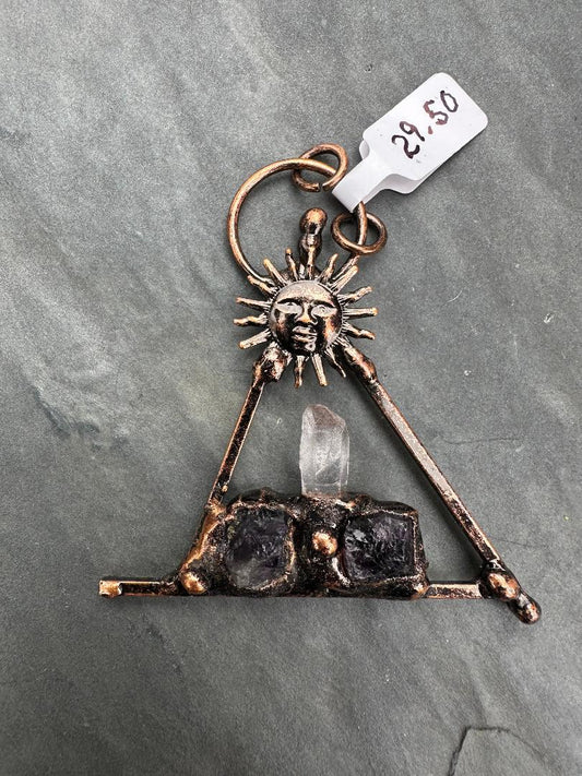 Copper Triangle Sun Pendant w/ Amethyst & Crystal Quartz