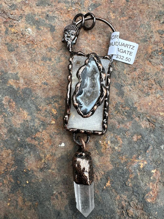 Bohemian Buddha Pendant with Crystal Quartz & Agate Druzy