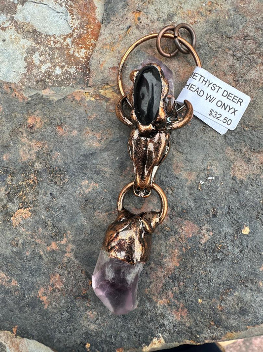 Amethyst & Onyx Copper Deer Pendant